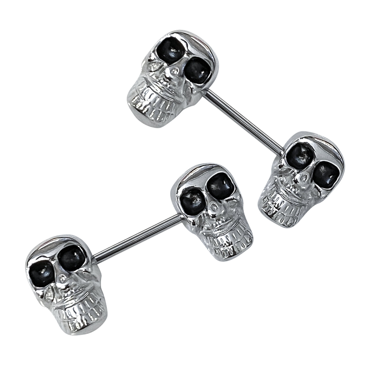 Surgical Steel Barbell Nipple Ring 14 Gauge & Black Eyes Skull - Pair