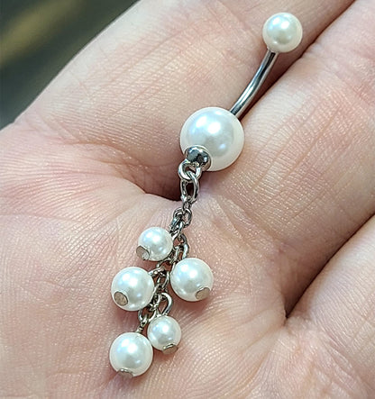 Surgical Steel 14 Gauge Belly Ring with Dangling Pearls - photo 3