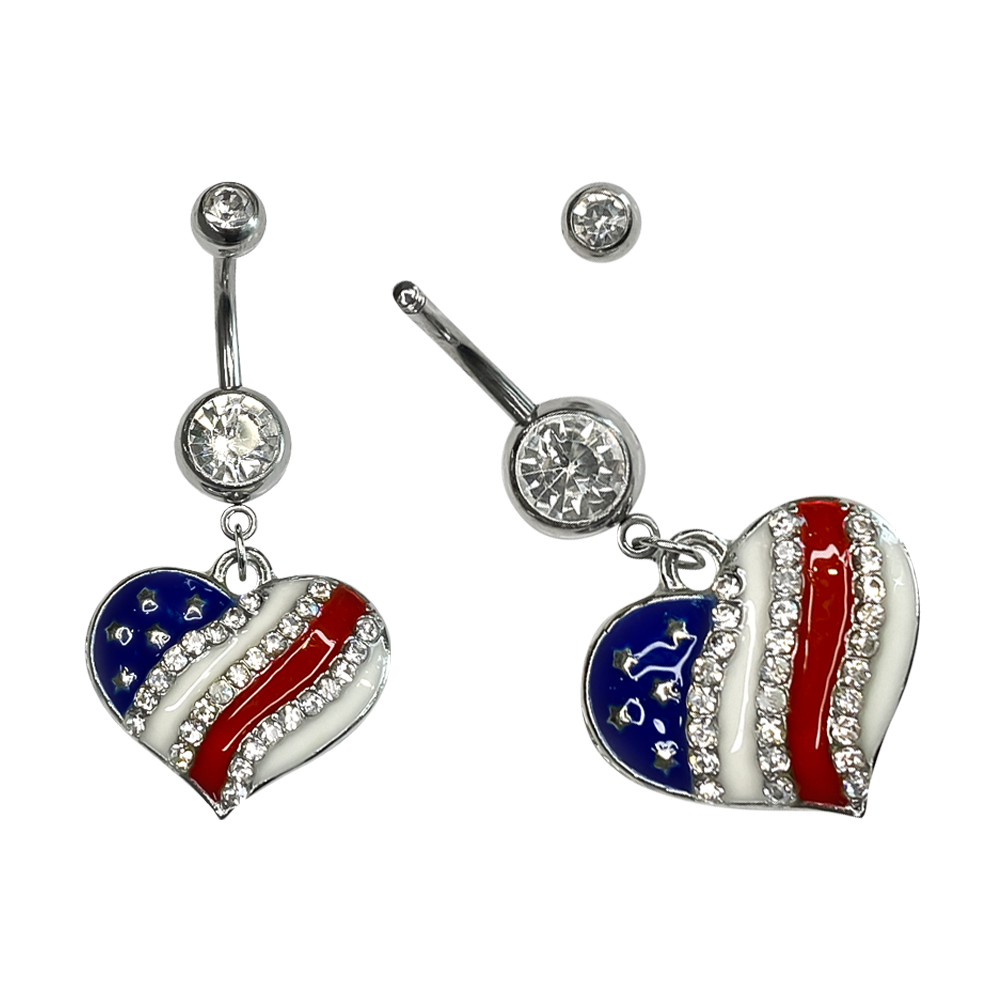 Surgical Steel 14 Gauge Belly Ring with Dangle Heart American Flag - photo 3