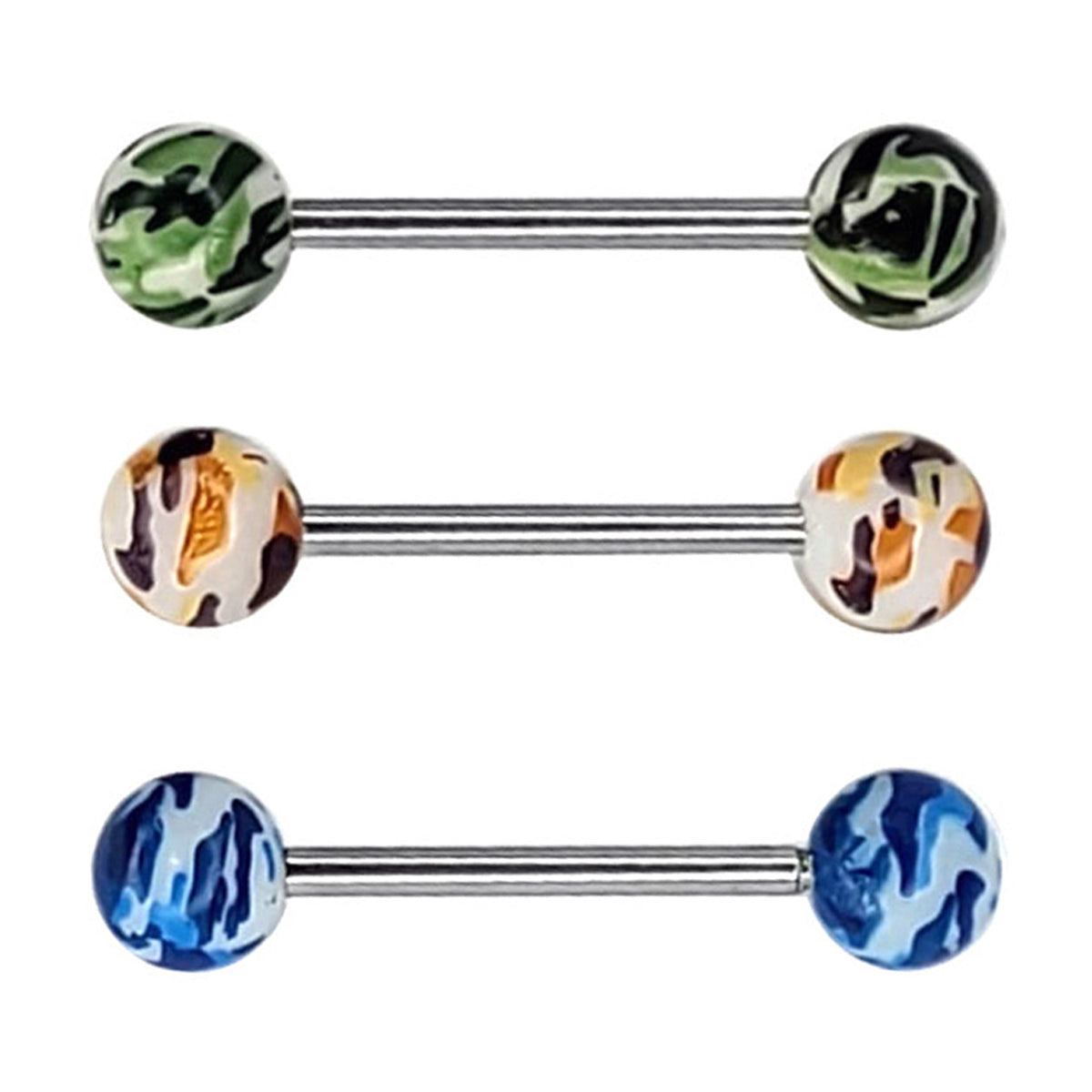 Surgical Steel Straight Barbell 14 Gauge & Acrylic Camouflage - 3 Pack - Kruelty