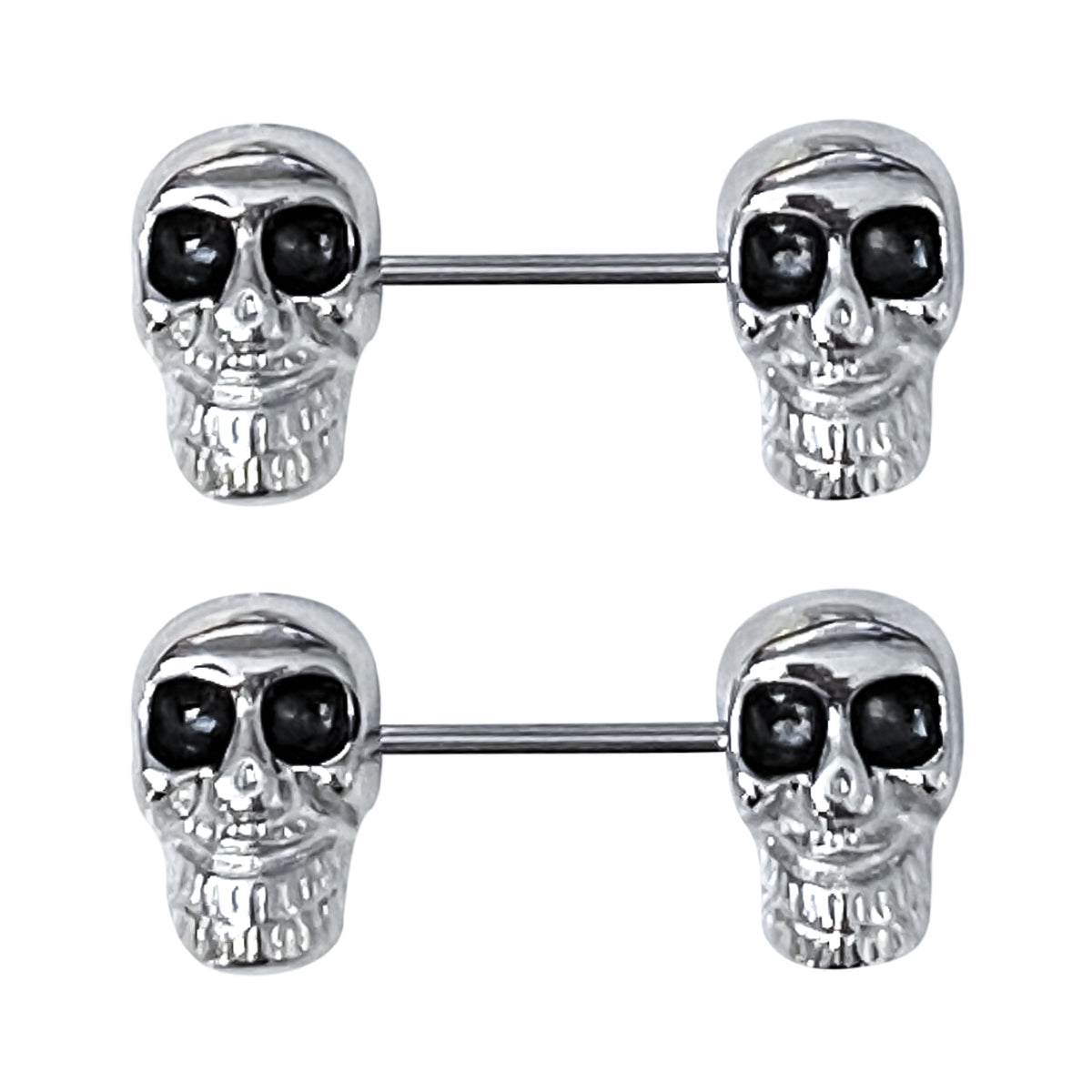 Surgical Steel Barbell Nipple Ring 14 Gauge & Black Eyes Skull - Pair - Kruelty