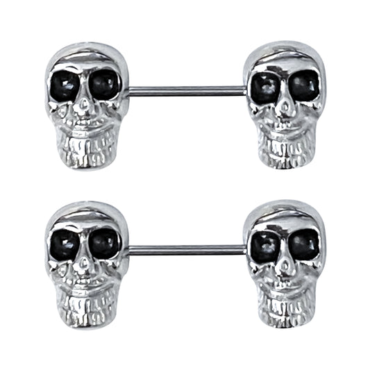 Surgical Steel Barbell Nipple Ring 14 Gauge & Black Eyes Skull - Pair