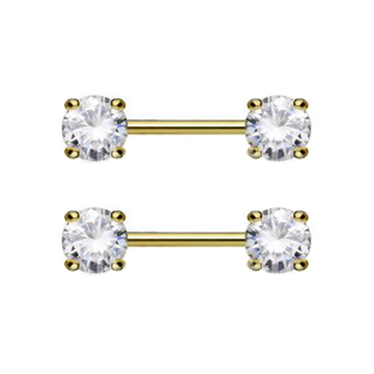 Surgical Steel Nipple Ring Barbell 14 Gauge Gold IP & CZ Gems Set
