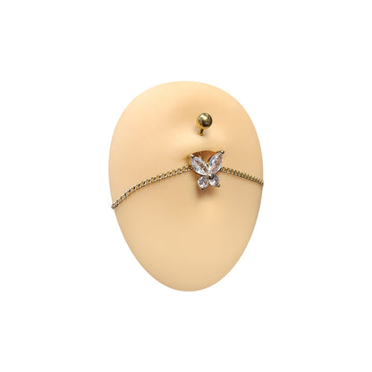 Surgical Steel Belly Ring 14G 11mm with Gold Chain & CZ Butterfly - photo 5