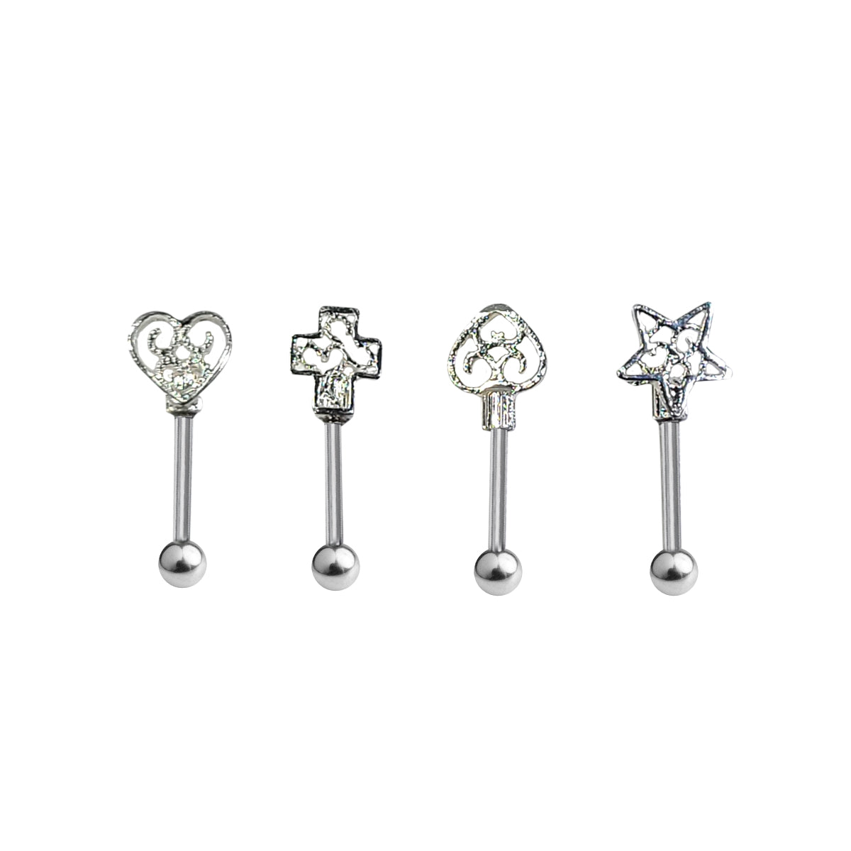 Surgical Steel Eyebrow Barbells 16G Heart Arrow Star Cross - 4 Pack