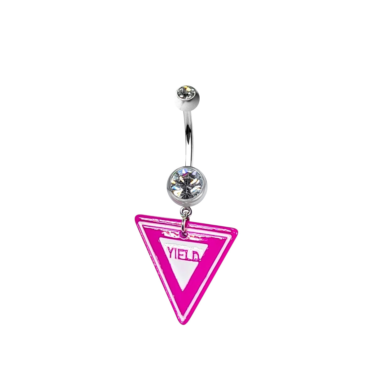 Surgical Steel Belly Ring 14G 10mm with Pink Yield Sign Triangle