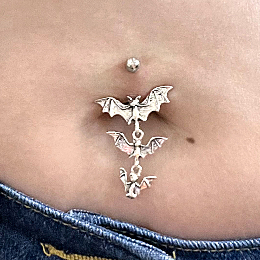 Surgical Steel Belly Ring 14G 10mm with Dangling Tri Vampire Bats - photo 2
