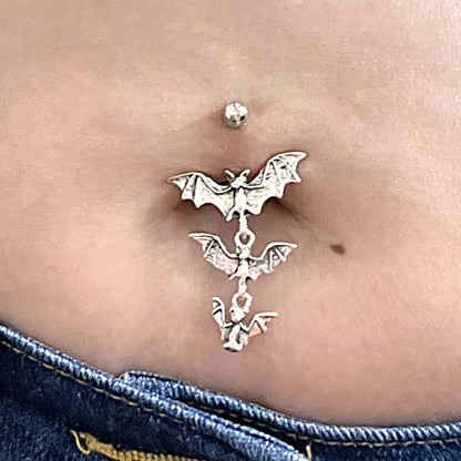 Surgical Steel Belly Ring 14G 10mm with Dangling Tri Vampire Bats - photo 2