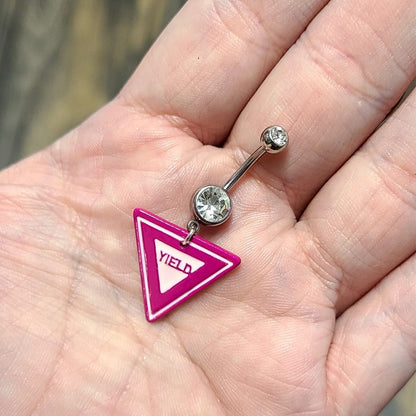 Surgical Steel Belly Ring 14G 10mm with Pink Yield Sign Triangle - photo 3