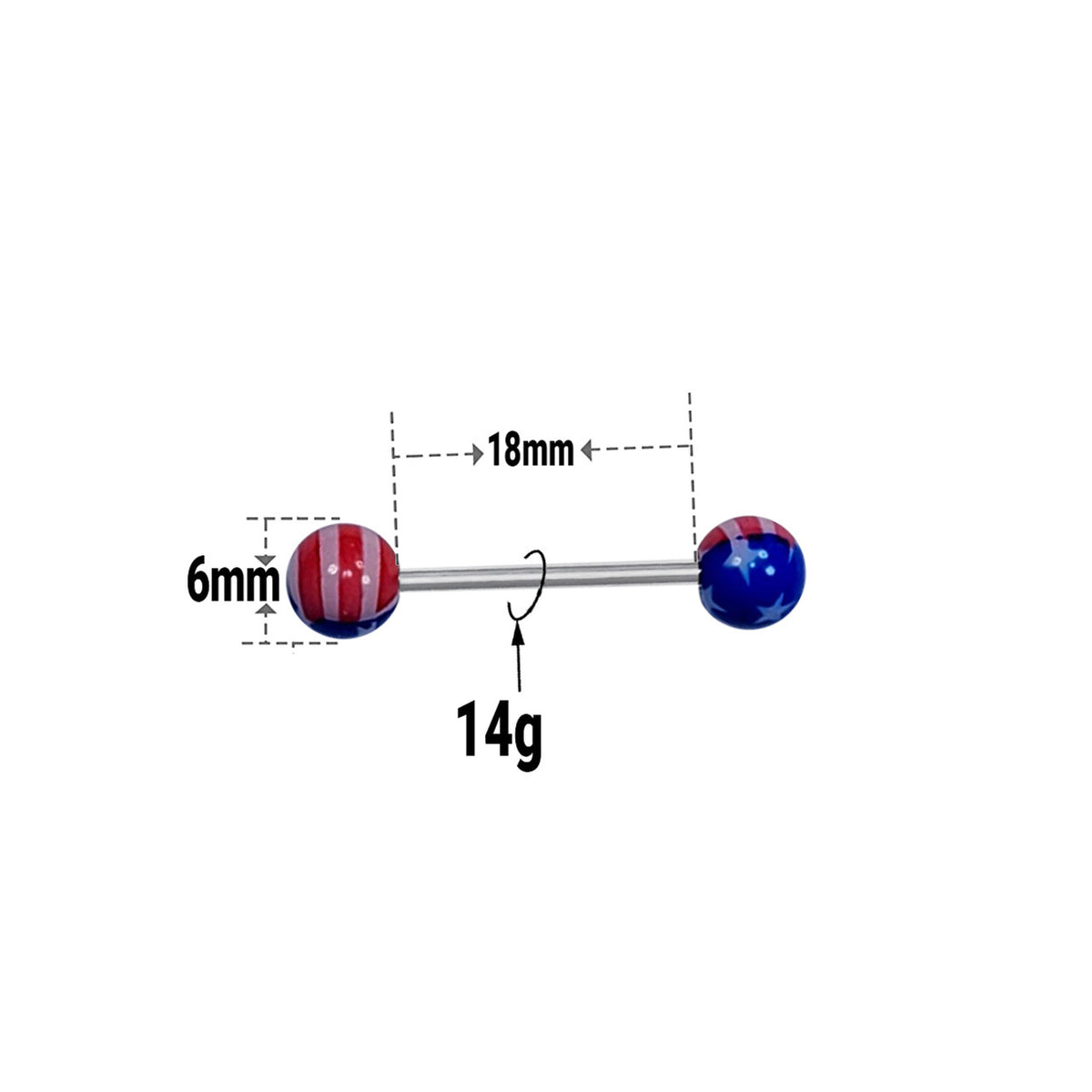 Surgical Steel Tongue Straight Barbell 14 Gauge Acrylic American Flag - Kruelty - Photo 3
