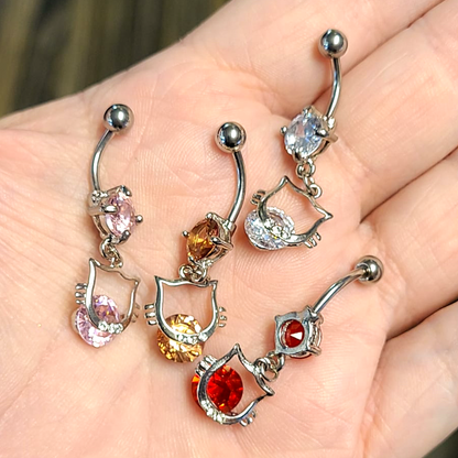 Surgical Steel 14 Gauge Belly Ring with CZ Kitty Cat Dangle - photo 8