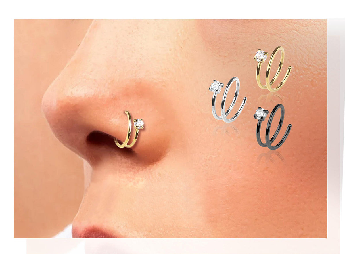 Surgical Steel Nose Ring 20 Gauge Double Hoop & CZ for Single - Kruelty - Photo 5