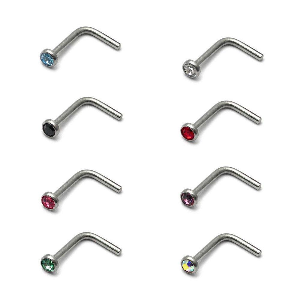 Surgical Steel 18 Gauge L Shape CZ Crystal Nose Screws - 8 Pack