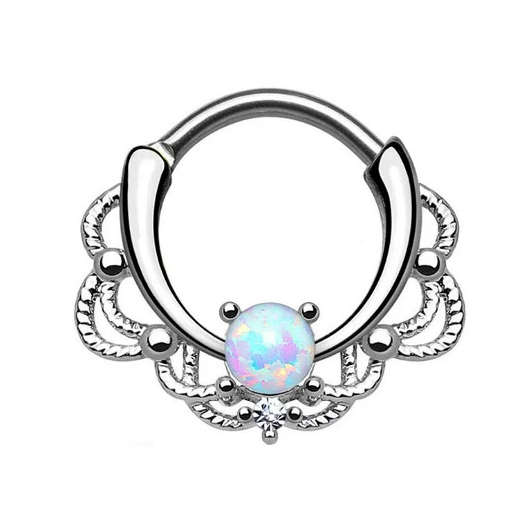 Surgical Steel Septum Clicker Ring 16 Gauge with Lace Design Opal Gem