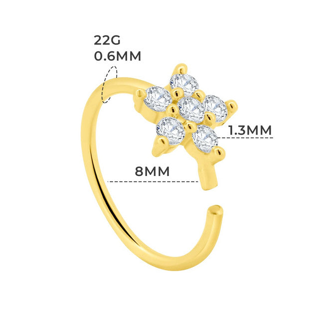 14K Solid Gold 22 Gauge Diamond Flower Nose Hoop Ring