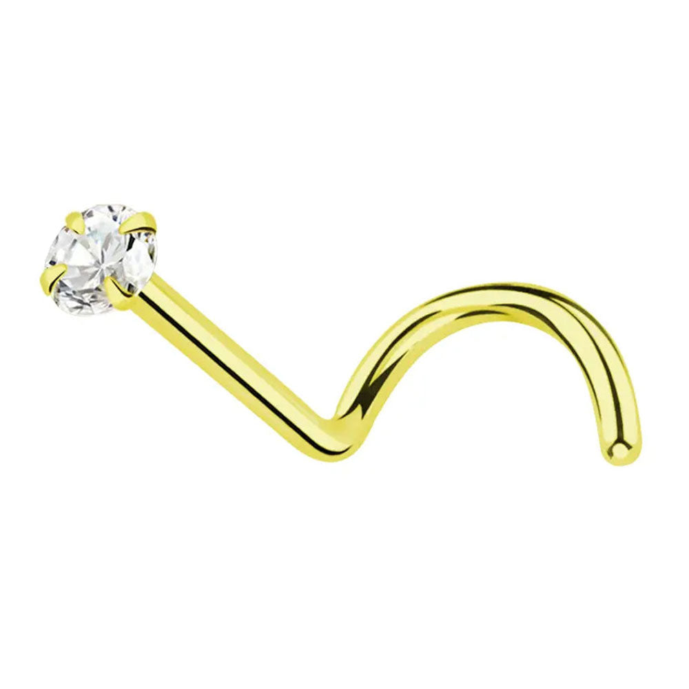 18K Solid Yellow Gold Corkscrew Nose Stud 22 Gauge 6mm with Diamond