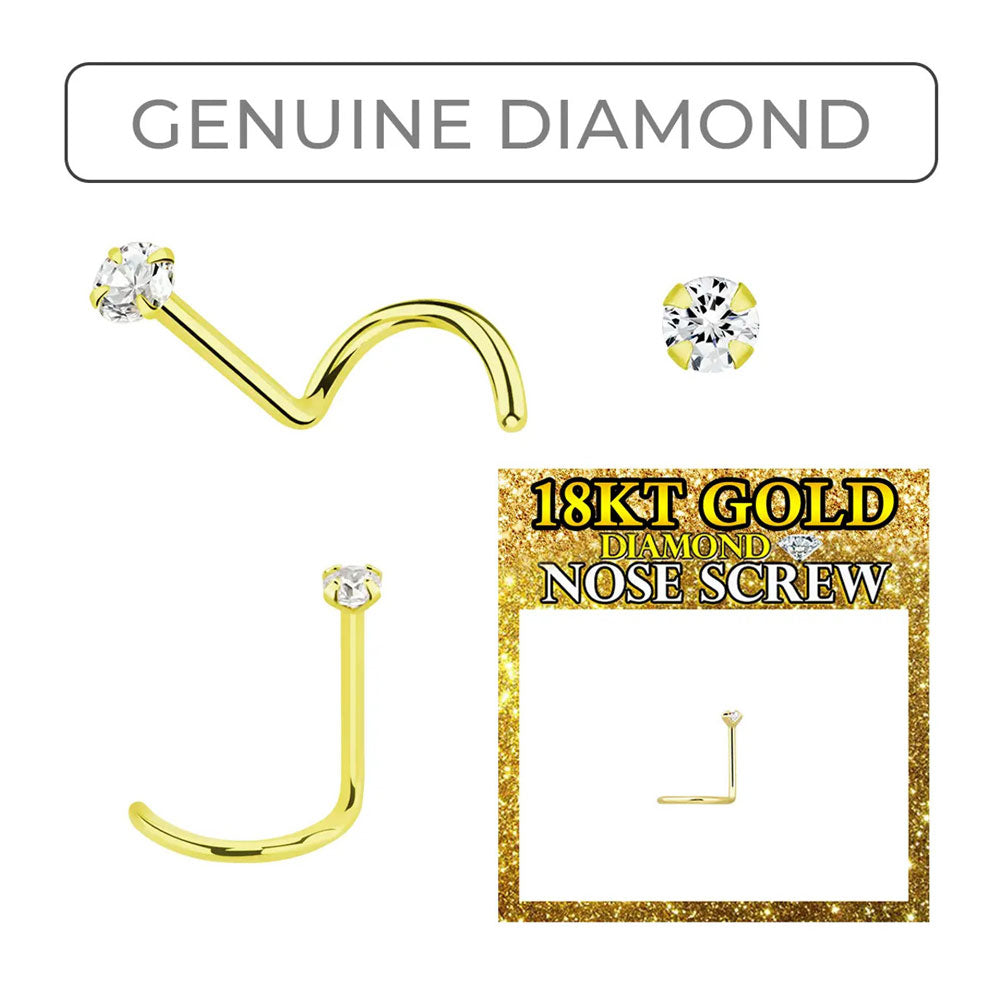 18K Solid Yellow Gold Corkscrew Nose Stud 22 Gauge 6mm with Diamond - photo 2