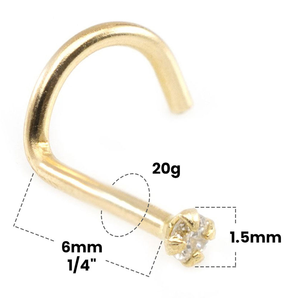 14K Solid Gold 20 Gauge Corkscrew Nose Screw with 1.5mm Diamond - photo 2
