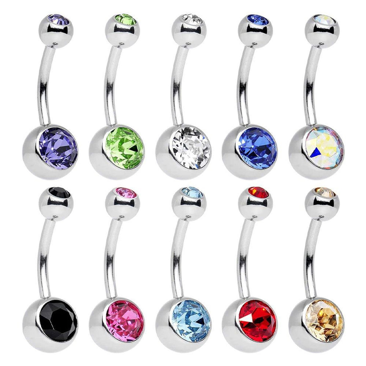 Surgical Steel Belly Button Ring 14 Gauge Double Gem - 10 Pack - Kruelty