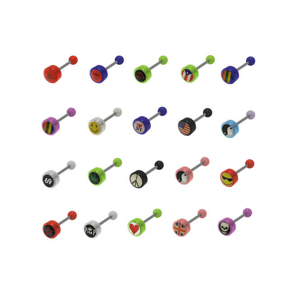 Surgical Steel 14 Gauge Tongue Rings with Logo Beads - 100 Pack