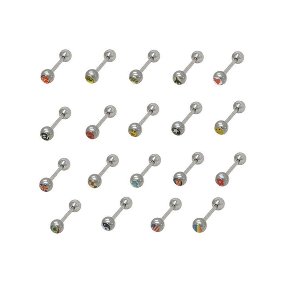 Surgical Steel Tongue Barbells 14 Gauge with Assorted Logos - 100 Pack