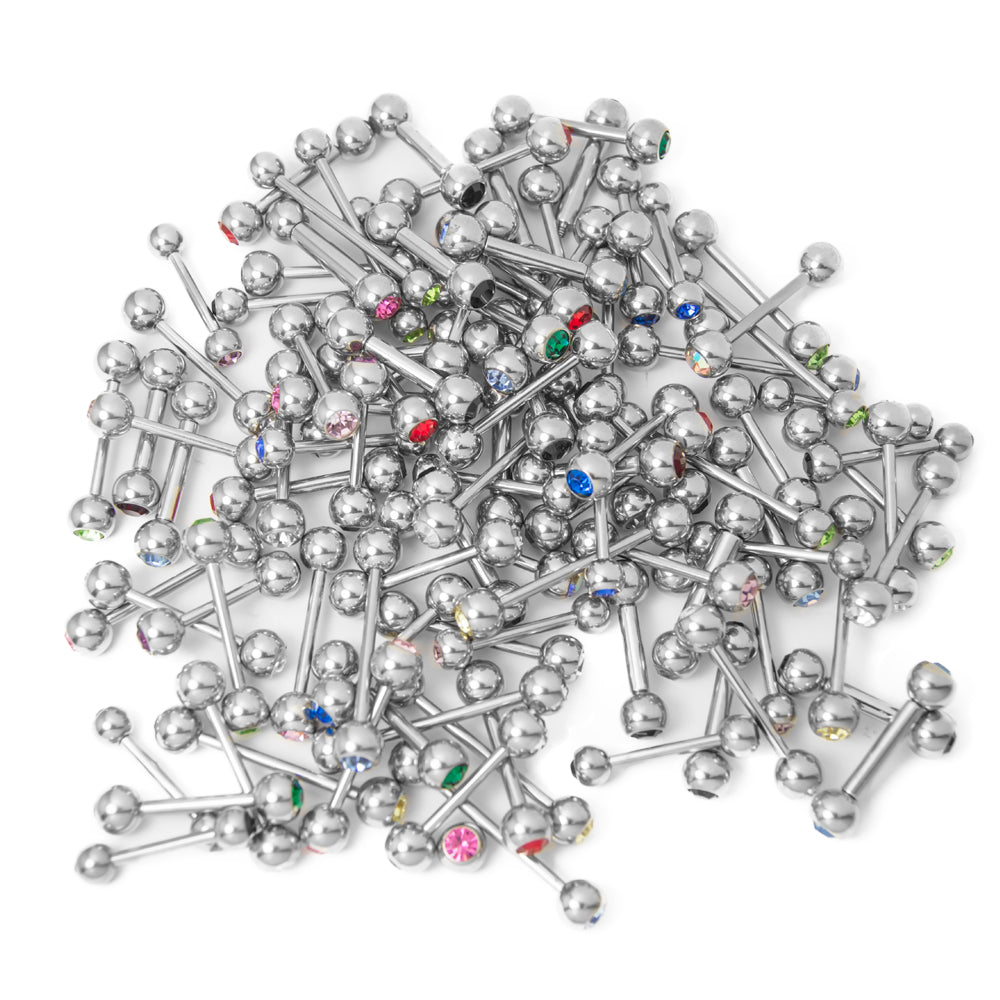 Surgical Steel Mixed Gauge Barbells with Multi Color CZ Gems - 50 Pack