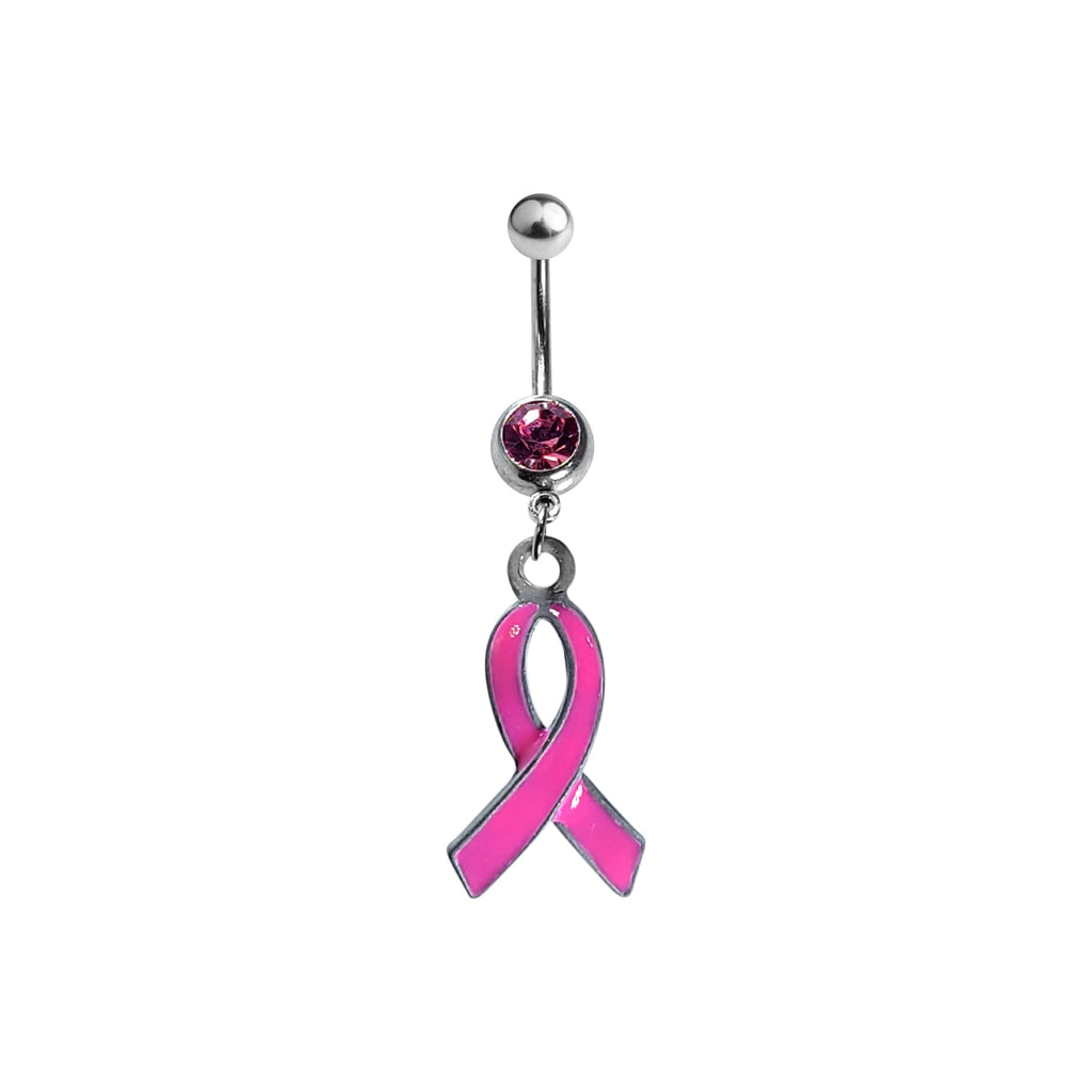 Surgical Steel 14 Gauge Pink CZ Ribbon Awareness Dangle Belly Ring