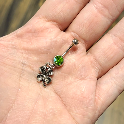 Surgical Steel 14 Gauge Belly Ring with CZ Four Leaf Clover Dangle - photo 10