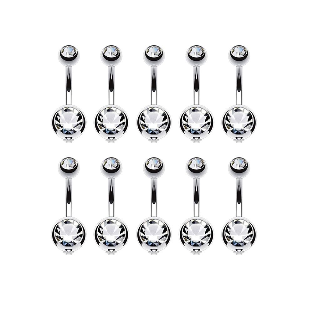 Surgical Steel 14 Gauge Double Clear CZ Belly Button Rings - 10 Pack