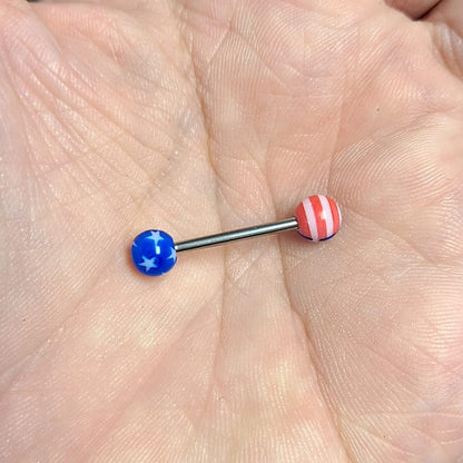 Surgical Steel Tongue Straight Barbell 14 Gauge Acrylic American Flag