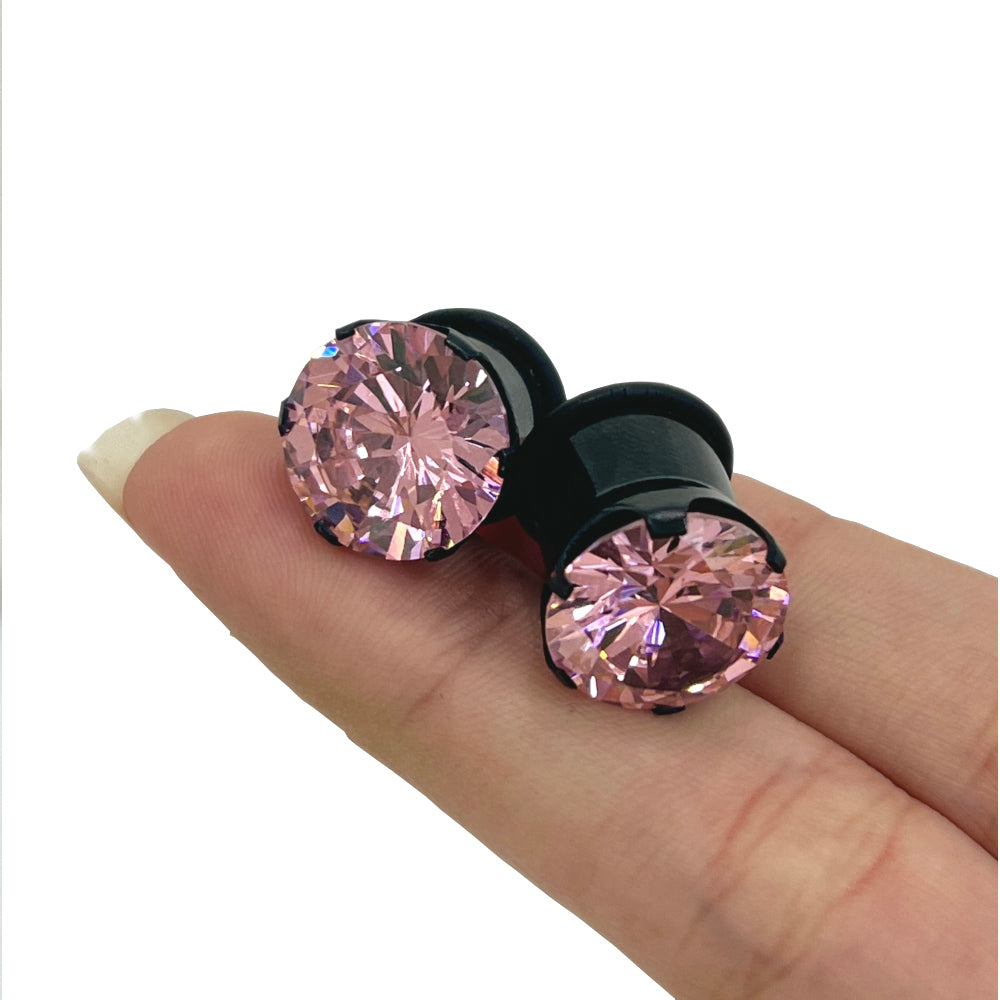 Surgical Steel Single Flare Ear Plugs with PVD Black CZ - Pair - photo 8