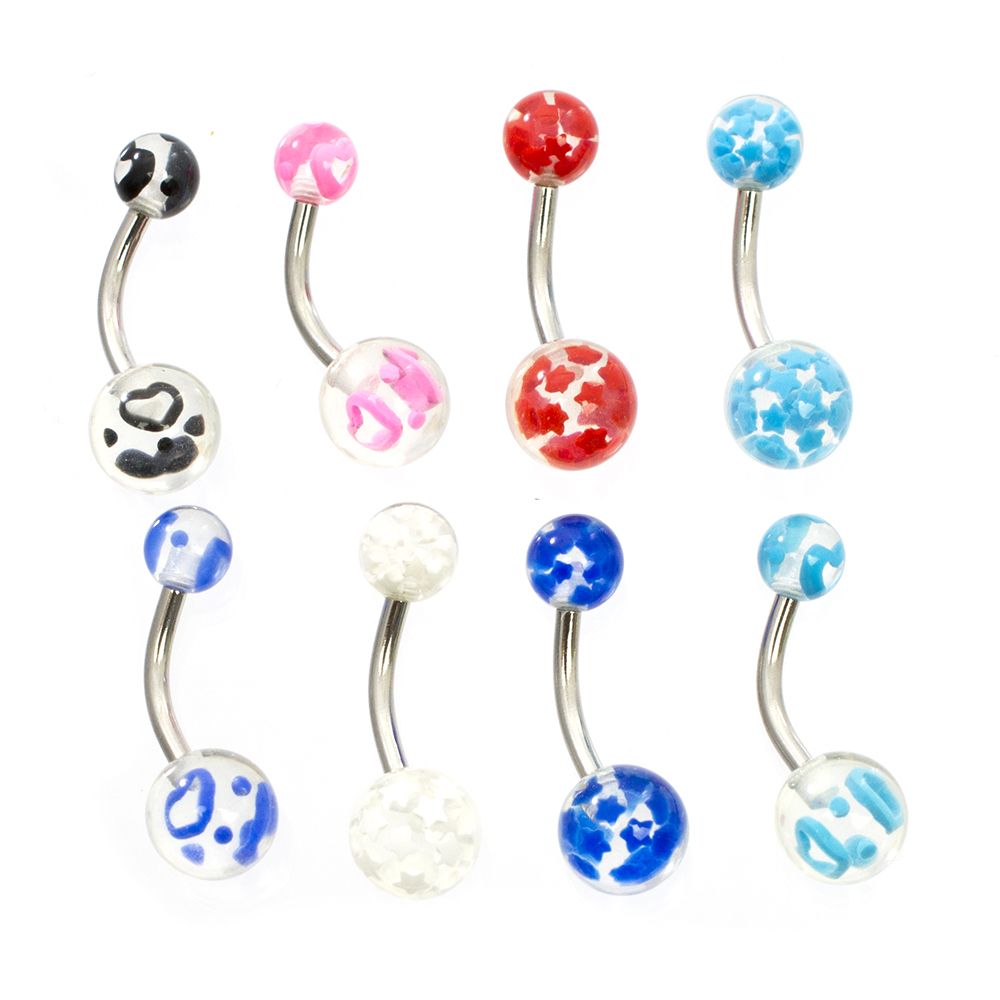 Acrylic Belly Button Rings 14 Gauge 10mm with Star & Heart - 8 Pack