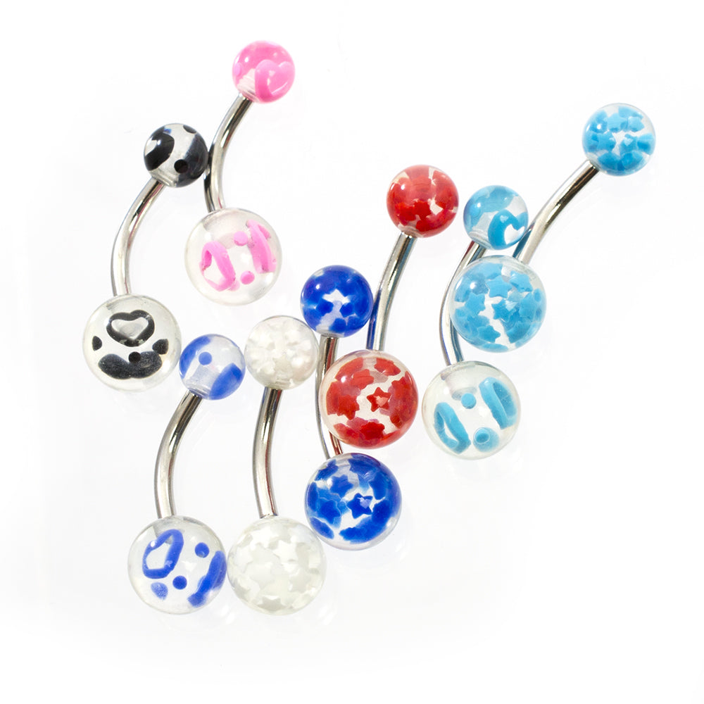 Acrylic Belly Button Rings 14 Gauge 10mm with Star & Heart - 8 Pack