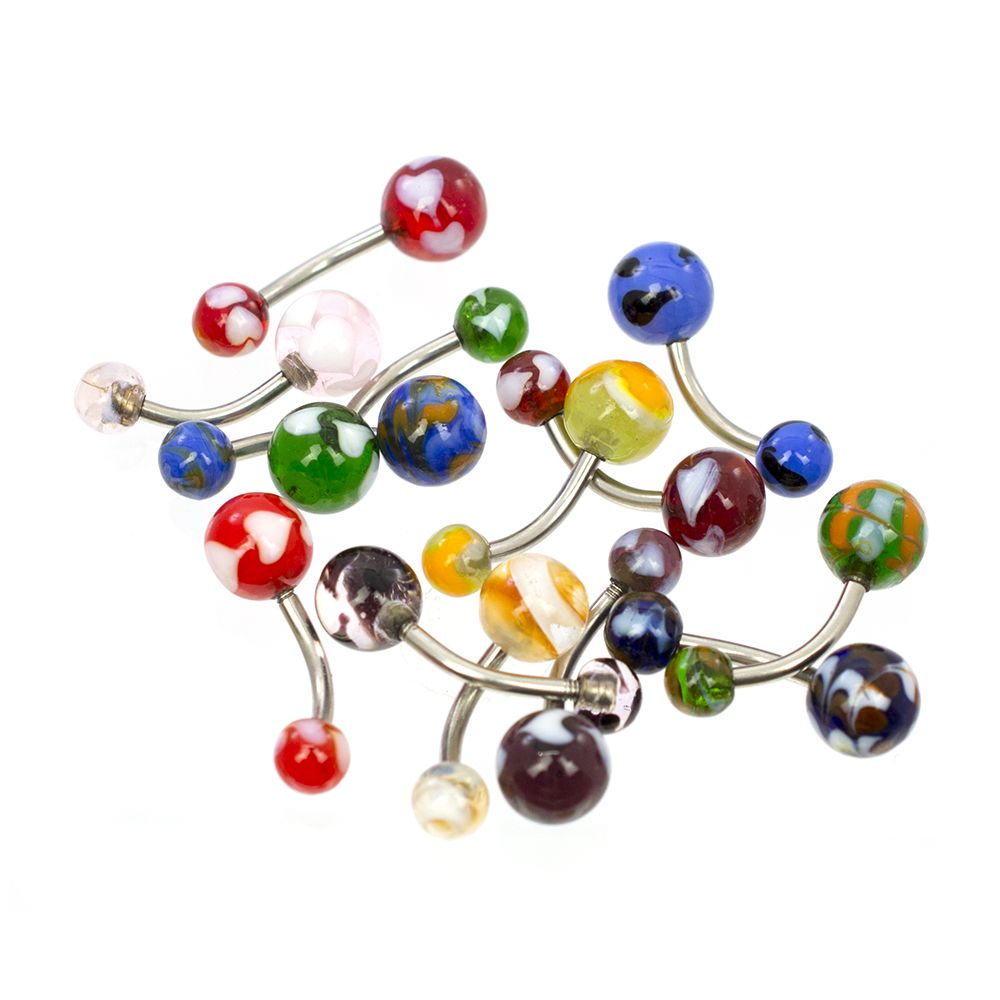 Surgical Steel Belly Rings 14 Gauge 10mm with Glass Marble - 12 Pack