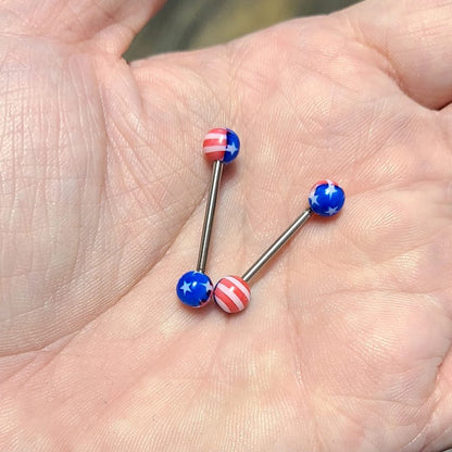 Surgical Steel Tongue Straight Barbell 14 Gauge Acrylic American Flag