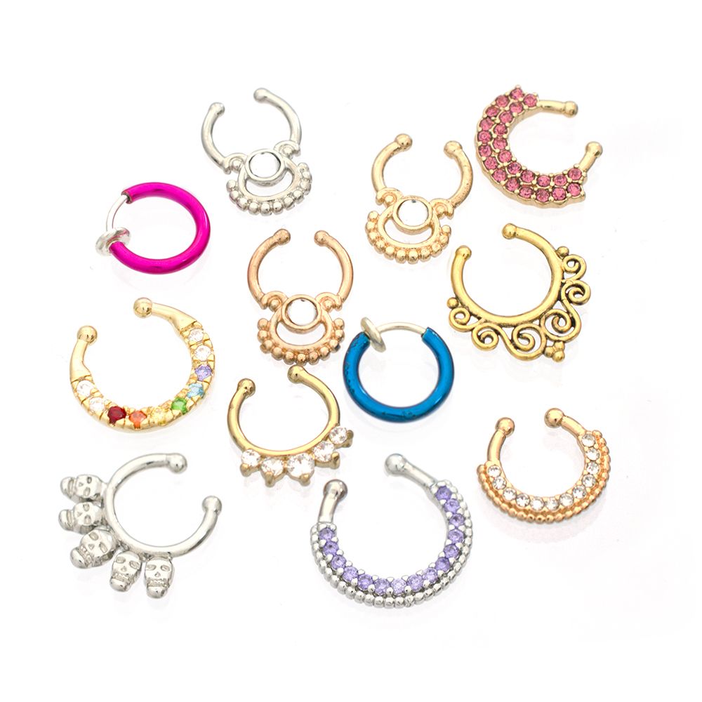 Surgical Steel Fake Septum Rings in Random Shapes & Colors - 12 Pack