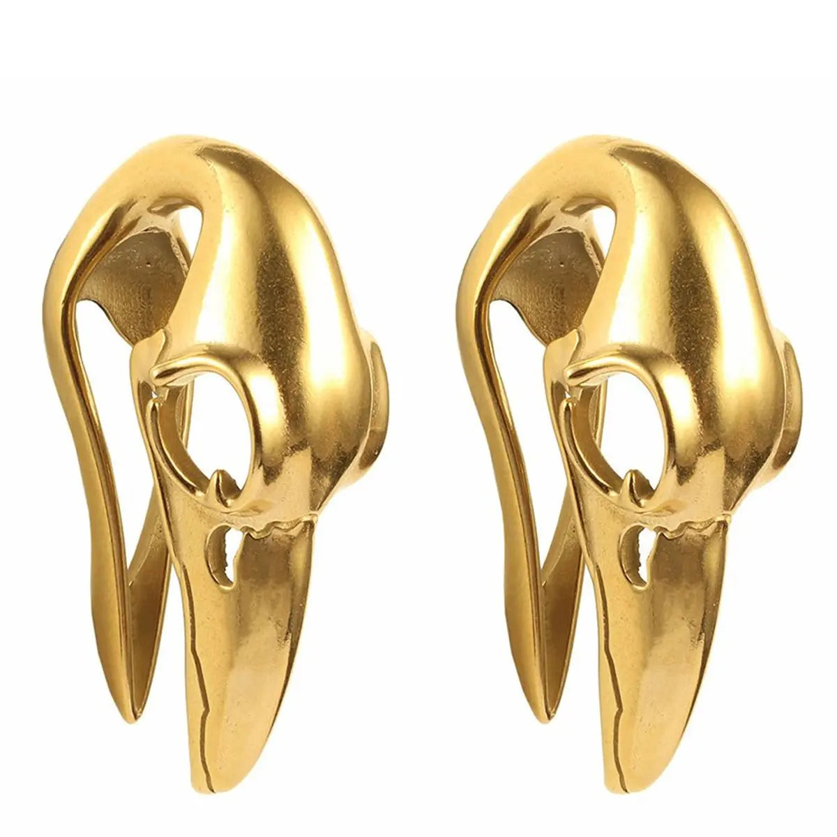 Surgical Steel Ear Weights with Gold Feather Crow Bird Skull - Pair - photo 5
