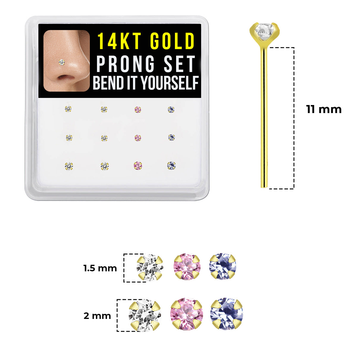 14K Solid Gold Fishtail Nose Studs 22G 11mm with CZ - 12 Pack - photo 5