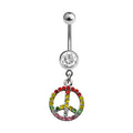 Surgical Steel Rainbow CZ Peace Sign Dangle Belly Button Ring