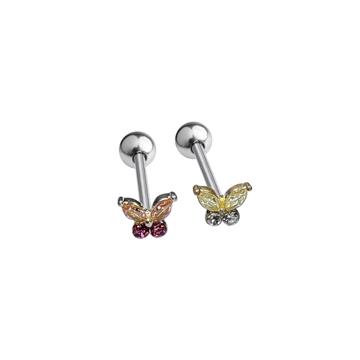 Surgical Steel Tongue Barbell 14G 16mm with Butterfly CZ - 2 Colors