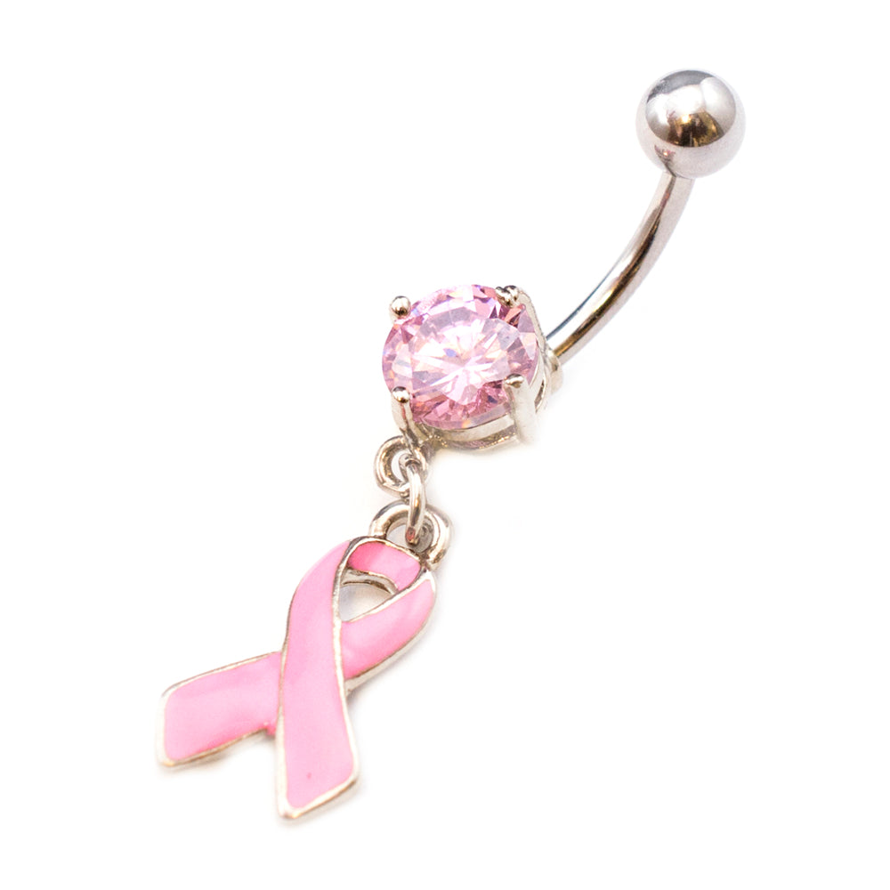 Surgical Steel 14 Gauge Pink Ribbon Belly Ring with Prong CZ - photo 2