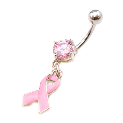Surgical Steel 14 Gauge Pink Ribbon Belly Ring with Prong CZ - photo 2