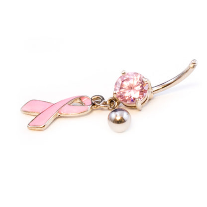 Surgical Steel 14 Gauge Pink Ribbon Belly Ring with Prong CZ - photo 3