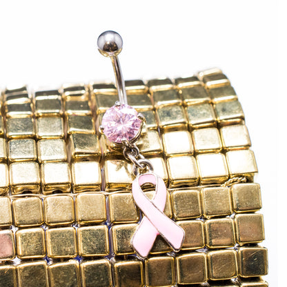 Surgical Steel 14 Gauge Pink Ribbon Belly Ring with Prong CZ - photo 4