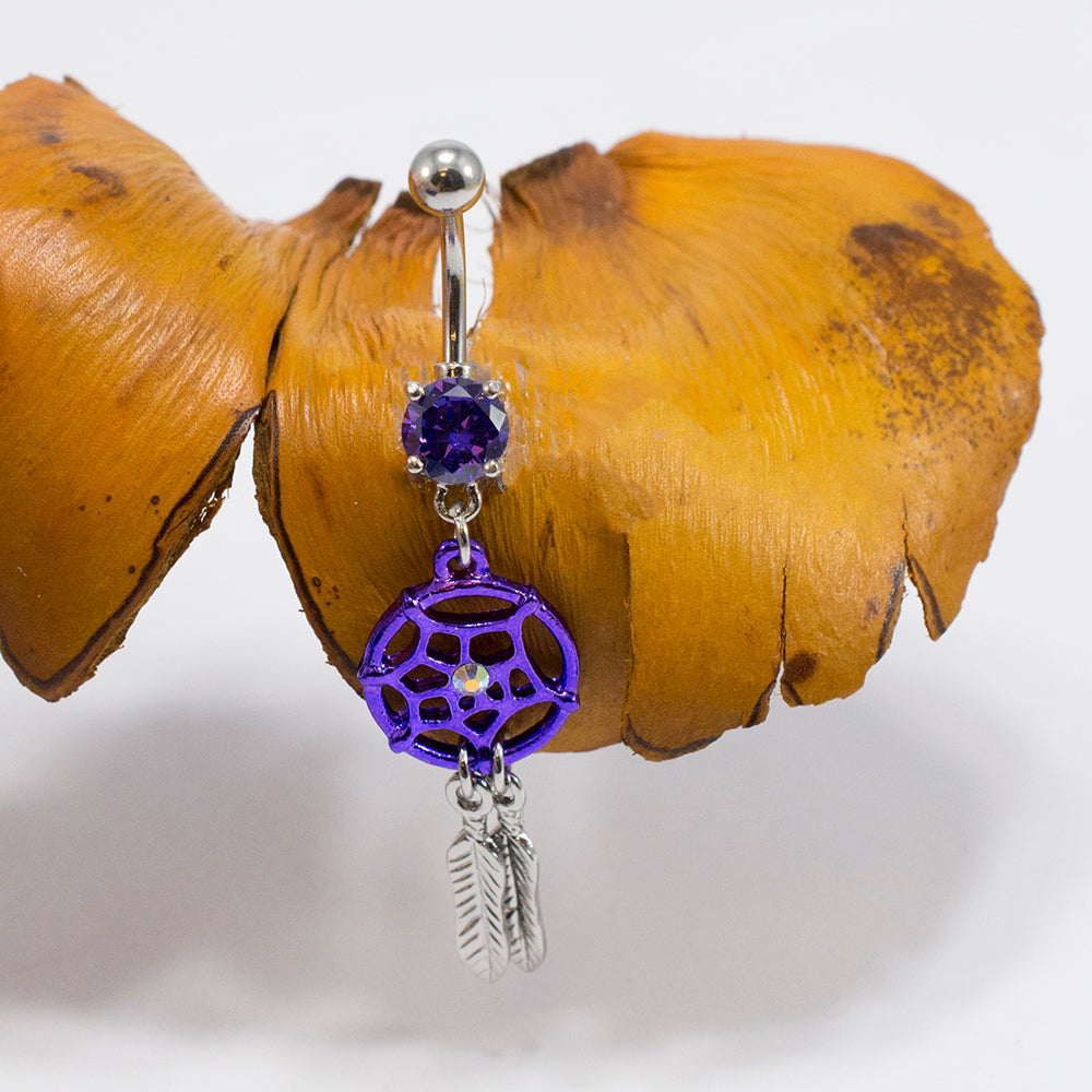 Surgical Steel 14 Gauge Belly Ring with Purple Dream Catcher - photo 3