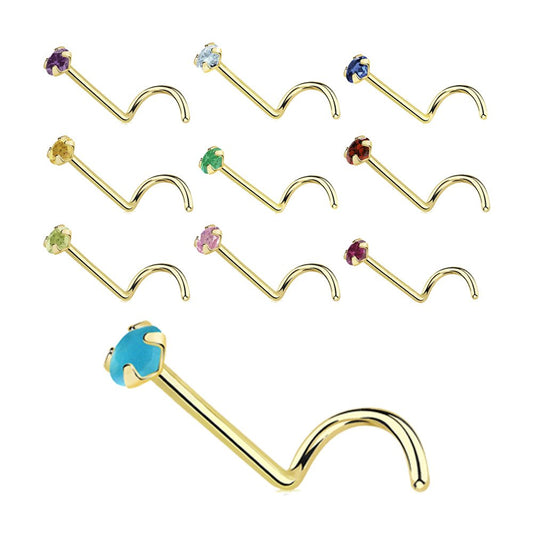14 Karat Solid Gold 22 Gauge Nose Ring Screw with CZ Gem - Kruelty