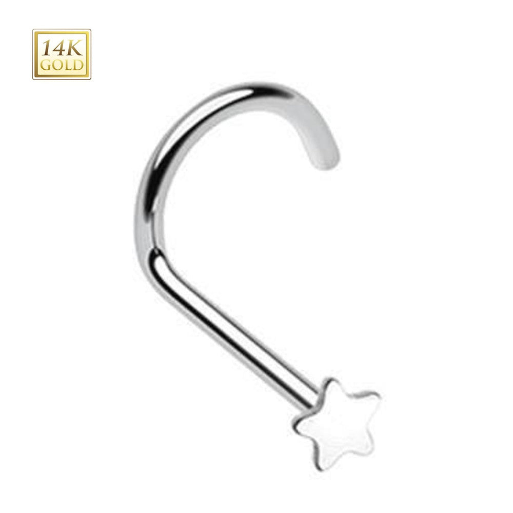 14K Solid White Gold 20 Gauge Corkscrew Nose Ring with Star Top