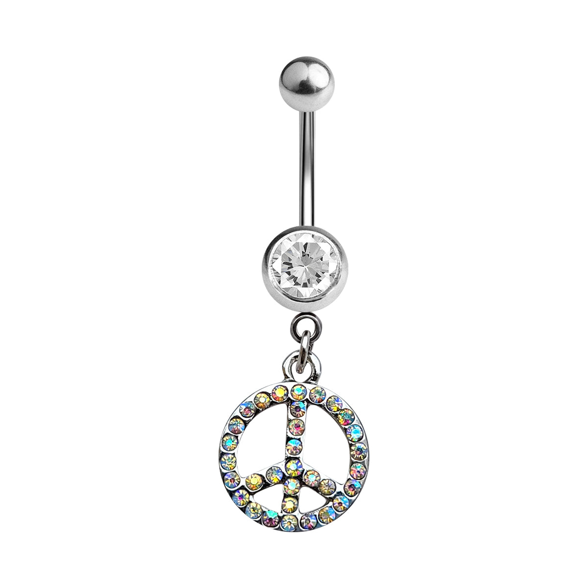Surgical Steel 14 Gauge Belly Ring with AB CZ Peace Sign Dangle