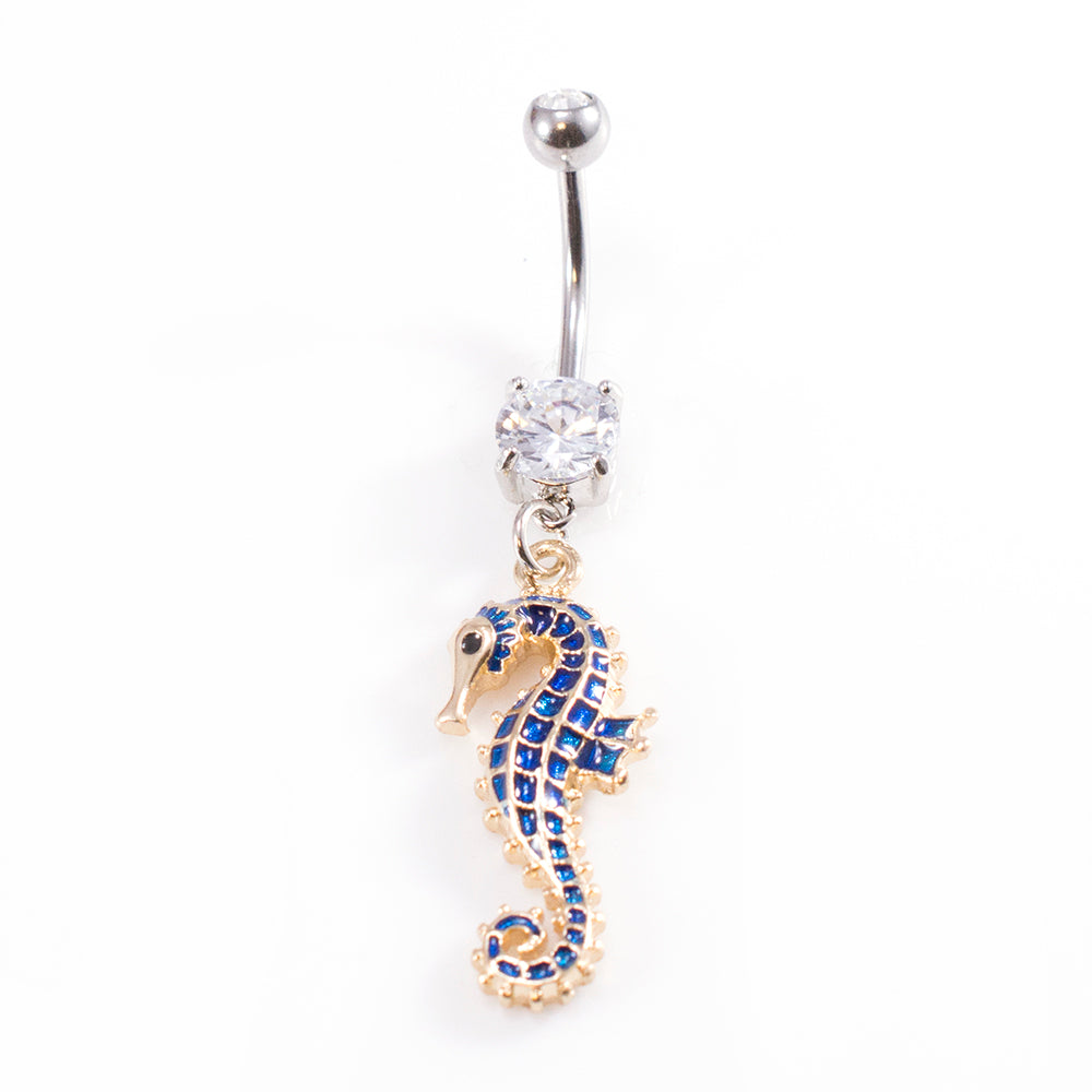 Surgical Steel 14 Gauge Belly Ring with Dangling Seahorse