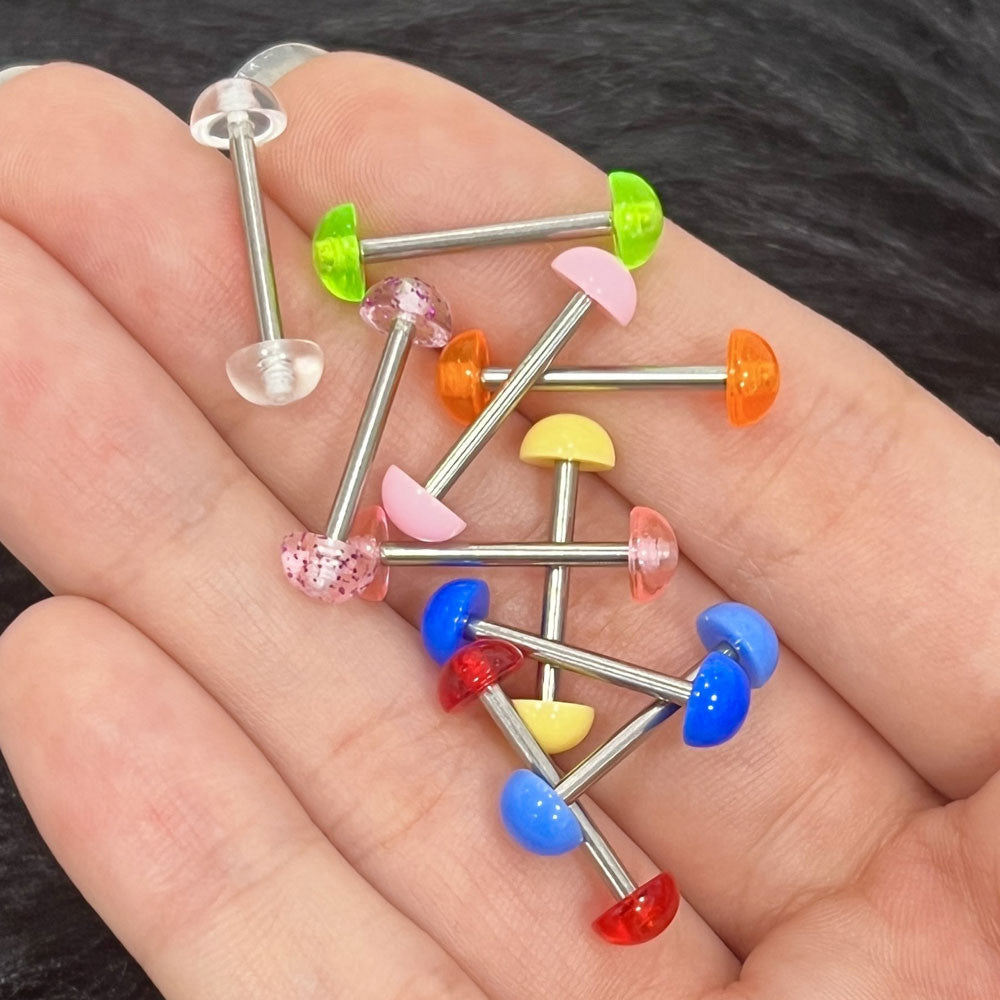 Surgical Steel 14 Gauge Tongue Barbells Acrylic Half Ball - 10 Pack